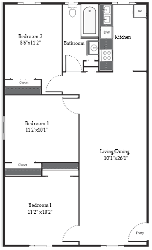 Floor plan for 3 beds, 1 bath, 936 sqft